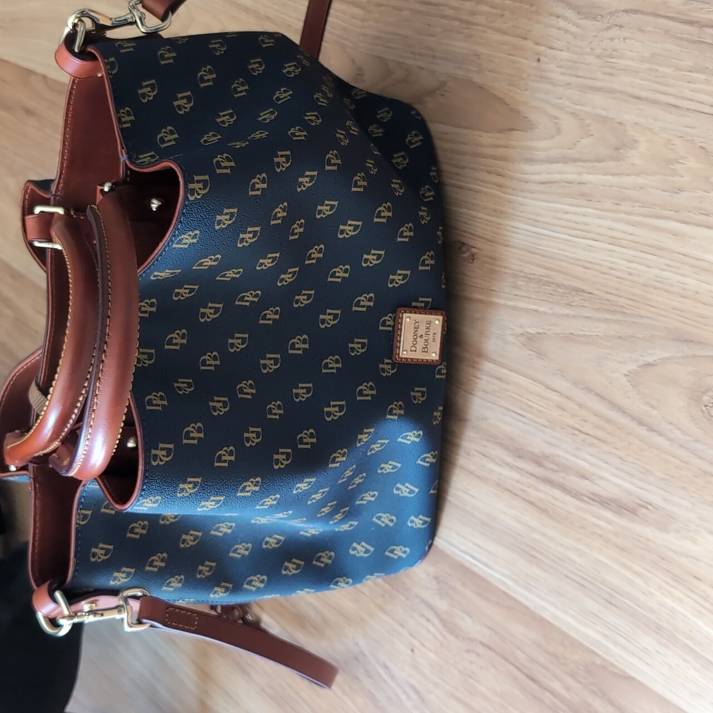 Dooney & Bourke Navy Monogram Tote with Brown Leather Trim and Gold Hardware